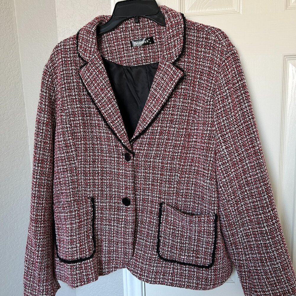 Allegra K Double Button Blazer - Red/Black/White Plaid Tweed - Size XL
